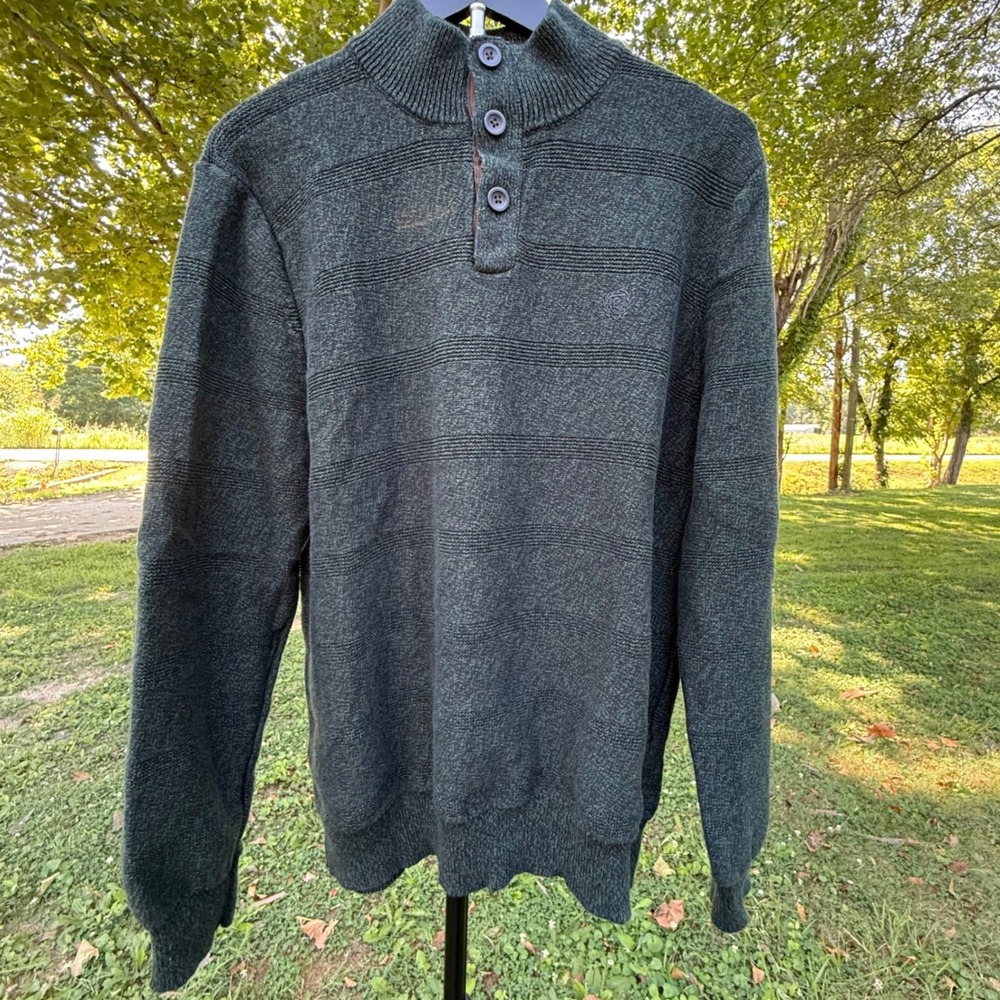 Chaps Mens Green Marled Cotton Mock Neck Button Sweater Large Stripe Texture